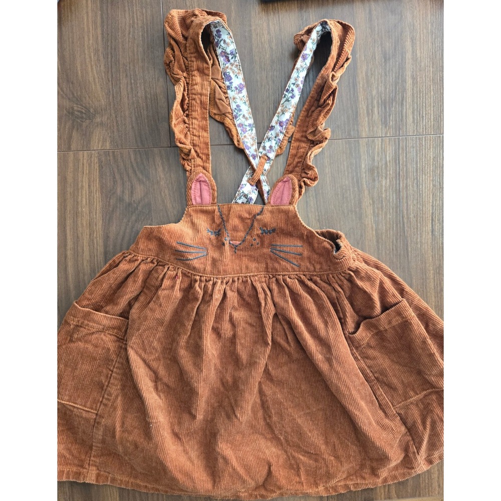 Next Kids Rust Brown Corduroy Bunny Pinafore Dress Floral Ruffle Straps 6-7Y
